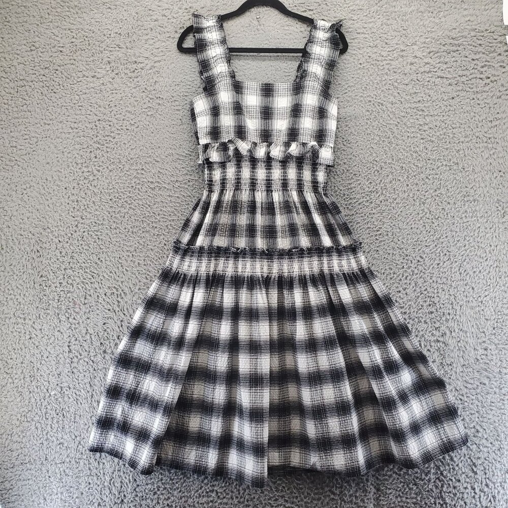 BB Dakota By Steve Madden Dress Womens Small Black/White Plaid Smocked Ruffle